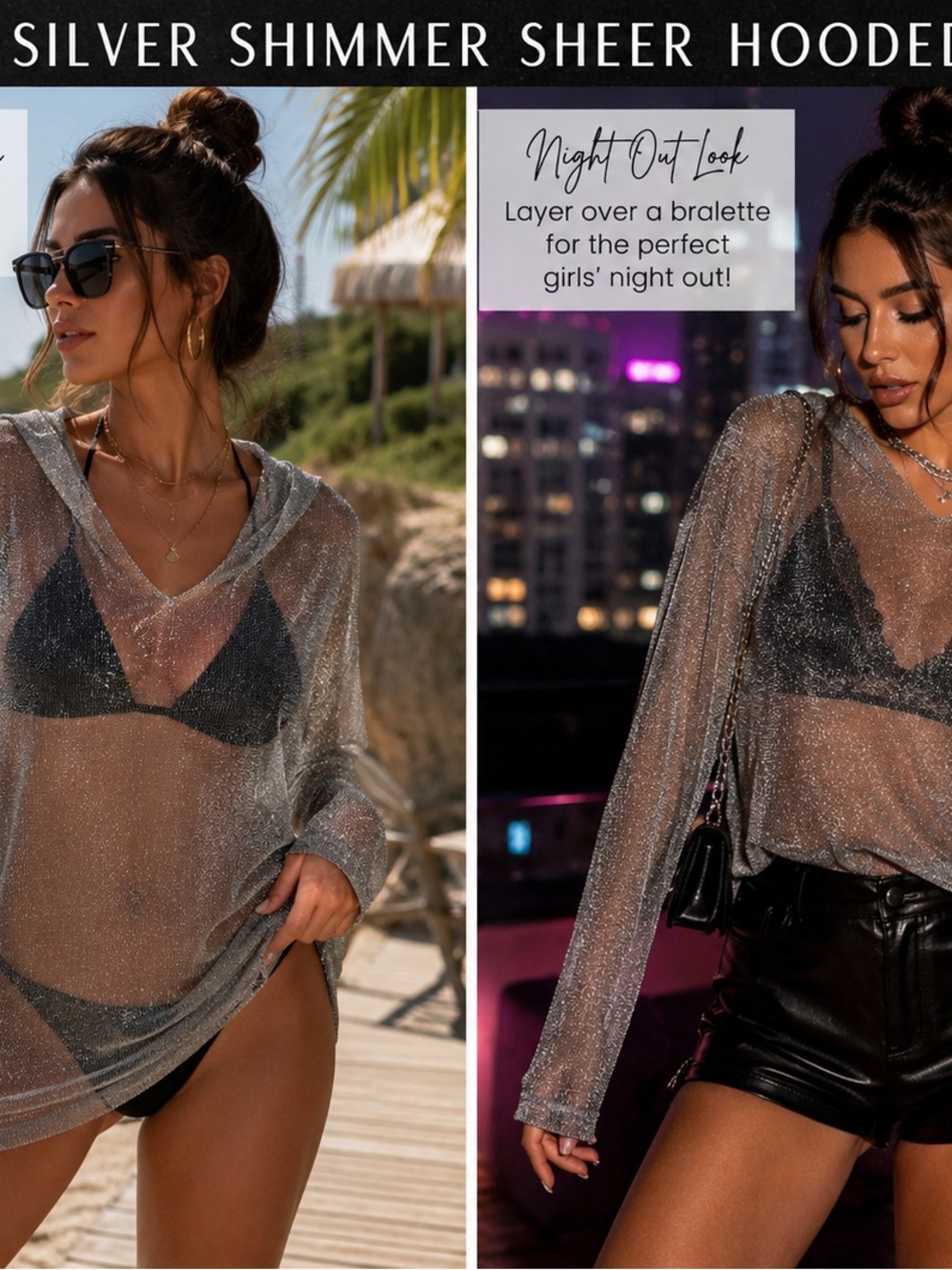 Shimmer Hooded Long-Sleeve Top - Silver